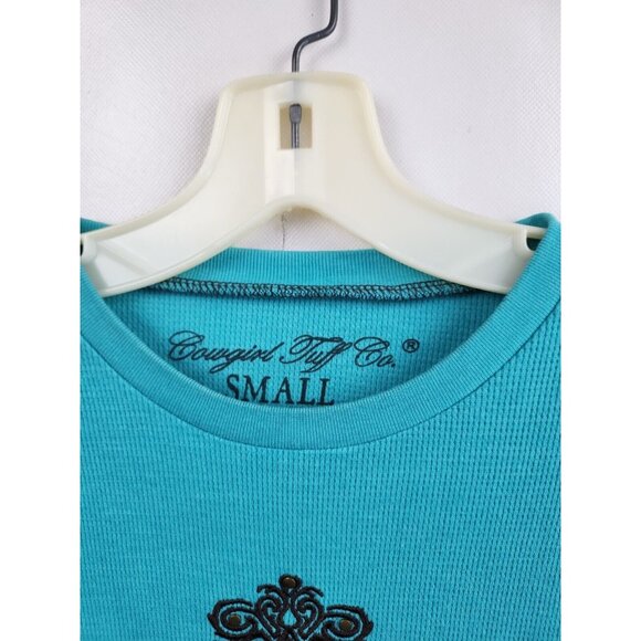 Cowgirl Tuff Co Womens Top Small Blue Brown Thermal Embroidered Cross Western - Picture 3 of 6